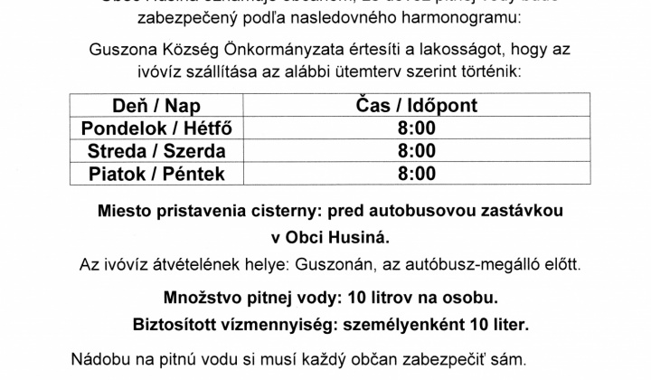 Aktuality / Harmonogram dovozu pitnej vody-Ivóvízszállítási ütemterv - foto