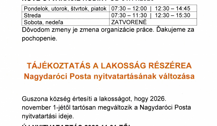Aktuality / Zmena otváracích hodín Pošty Veľké Dravce - foto