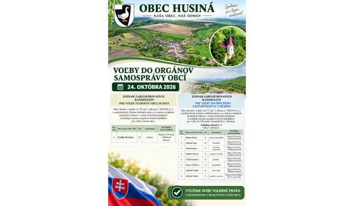 Fotka pre článok Zoznam zaregistrovaných kandidátov pre voľby starostu a obecného zastupiteľstva obce Husiná 