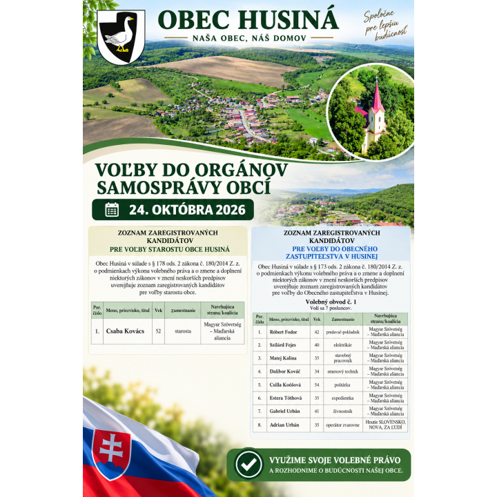 Menšia fotka pre článok Zoznam zaregistrovaných kandidátov pre voľby starostu a obecného zastupiteľstva obce Husiná 